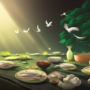 Stylized white birds flying over a feat table with bowls and platters